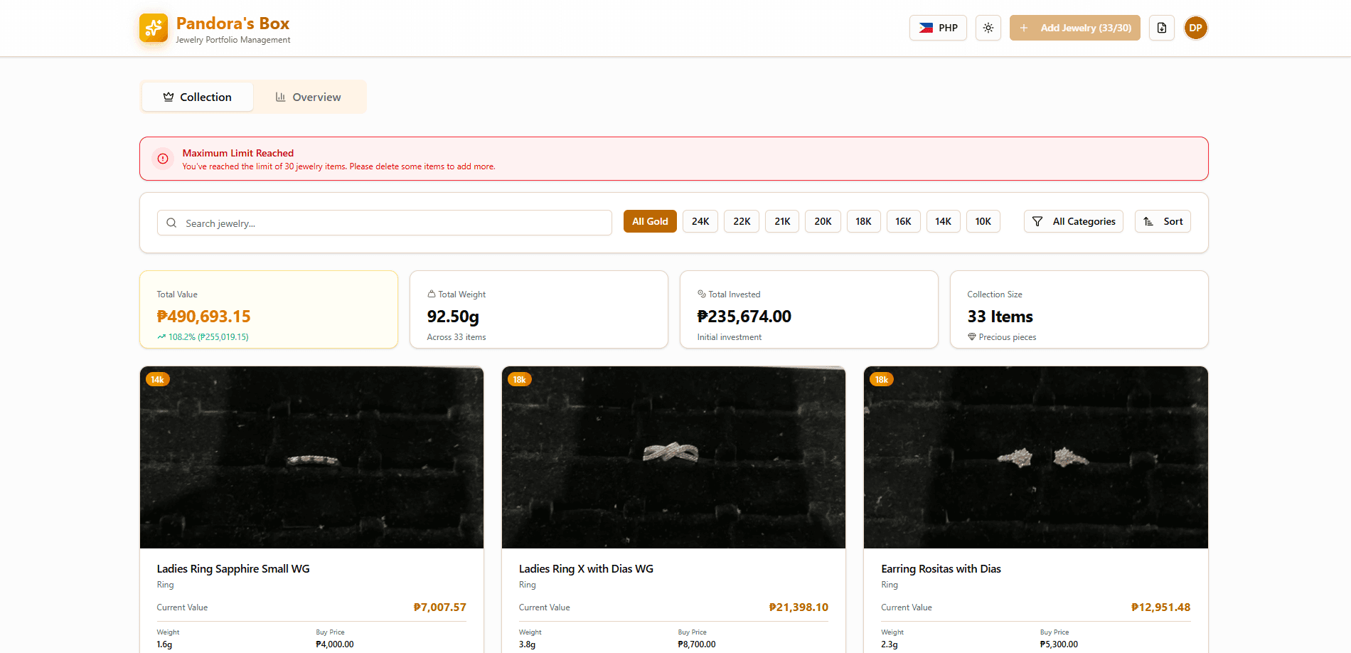 Jewelry collection management